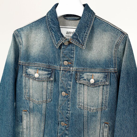 AMI "Used Blue" Weathered Patch-Pocket Denim Jacket - Picture 3 of 11